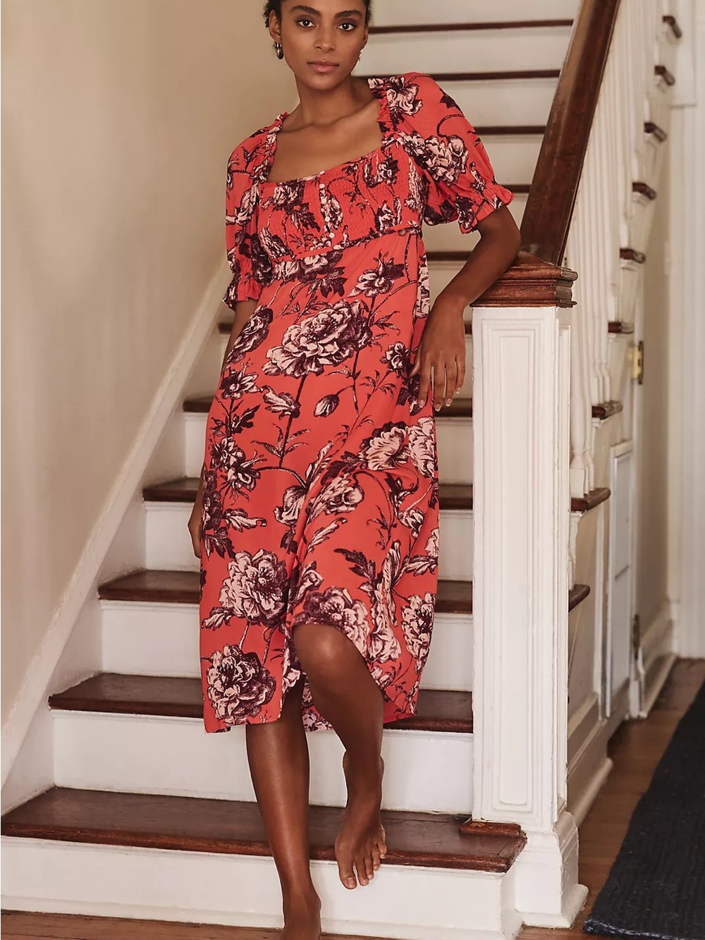 Anthropologie Coral Red Floral Puff-Sleeve Midi Dress